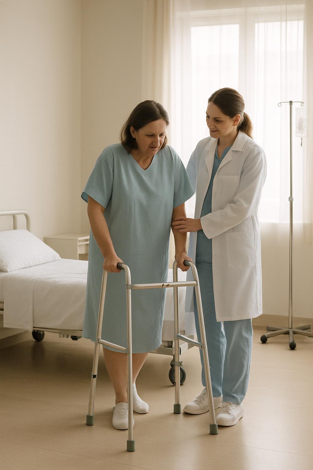 A hospital room with a bed against the wall, a window with white curtains and an IV pole in the background. A woman in a h...