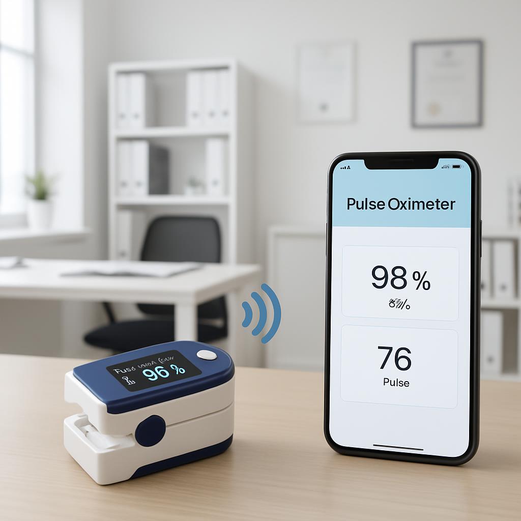 A pulse oximeter and smartphone displaying pulse oximeter readings on a table in an office setting.