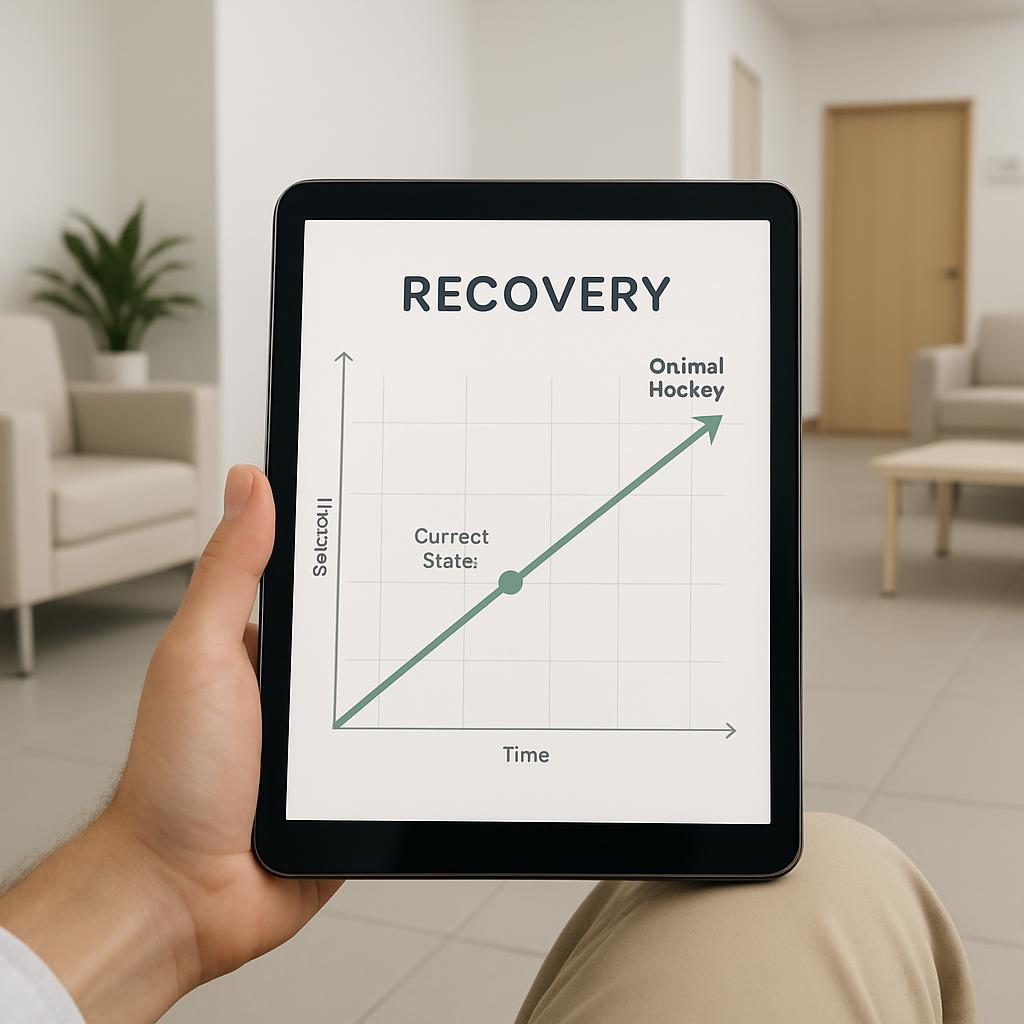 A person holds a tablet with a graph titled "RECOVERY" on it, likely inside a building or office. The image appears to dep...